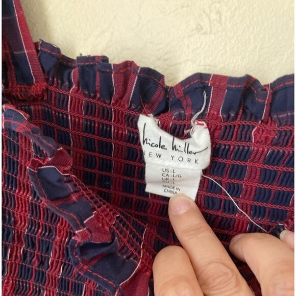 Nicole Miller Women's Midi Dress Size L Red Dark Navy Blue Plaid Ruffle NWOT - Picture 2 of 5